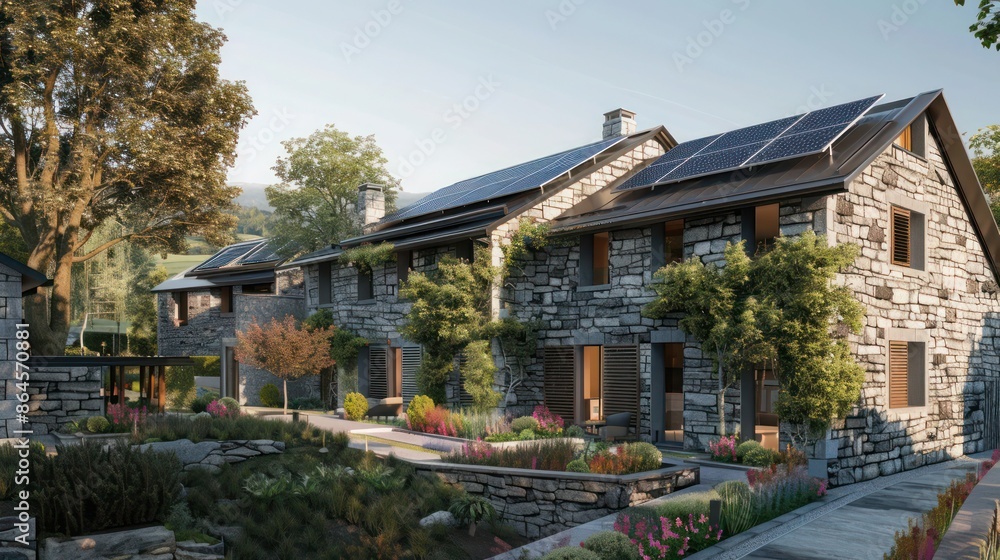sustainable housing development where each home features a stone facade with integrated solar panels, marrying functionality with traditional aesthetics sustainable housing development where each home features a stone facade with integrated solar panels, marrying functionality with traditional aesthetics