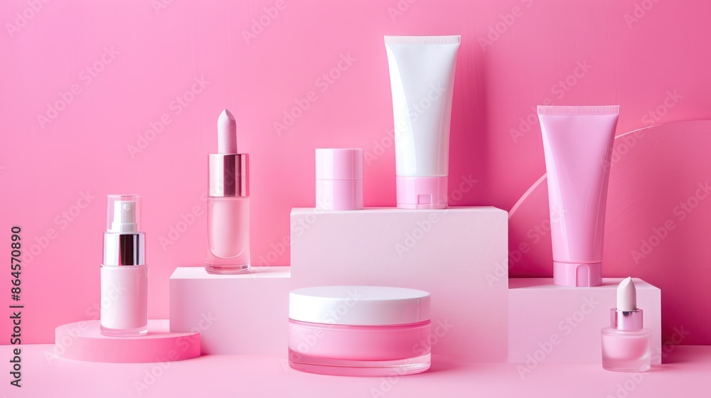 Pink-themed cosmetic products arranged on pedestals Pink-themed cosmetic products arranged on pedestals