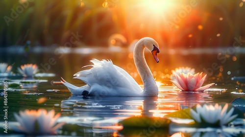 swan are swimming in the water,sun light reflect like that sunset with lotus ,lily flower
 photo