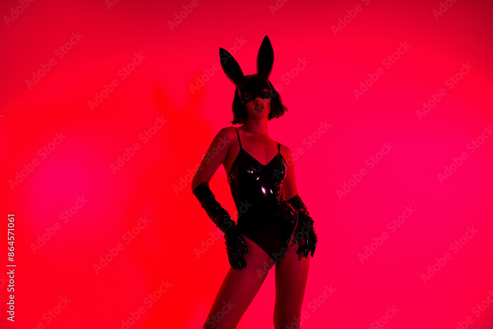 Photo of lady wear black rabbit leather suit posing isolated red color background Photo of lady wear black rabbit leather suit posing isolated red color background