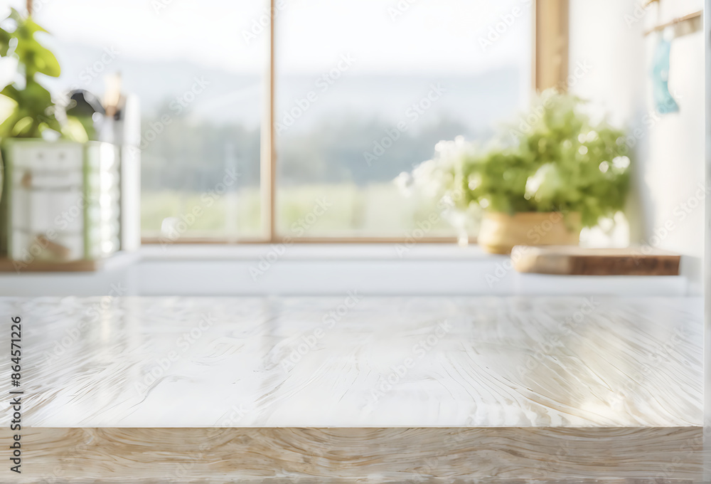 Fototapeta premium Kitchen background top counter interior wood blur home wooden empty room light white. Top kitchen product background desk modern window food display design texture tabletop restaurant board wall space