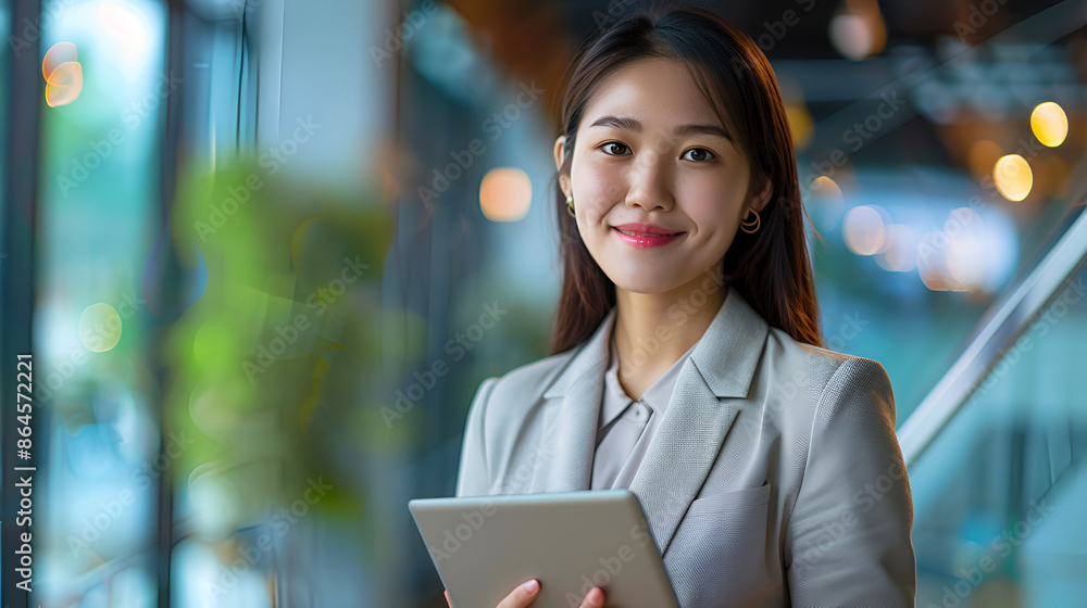 Portrait of happy businesswoman with touchpad in office looking at camera Portrait of happy businesswoman with touchpad in office looking at camera