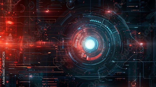 Futuristic Technology Background with Glowing Circular Core and Data Streams. Concept of Artificial Intelligence, Cybersecurity, or Big Data.