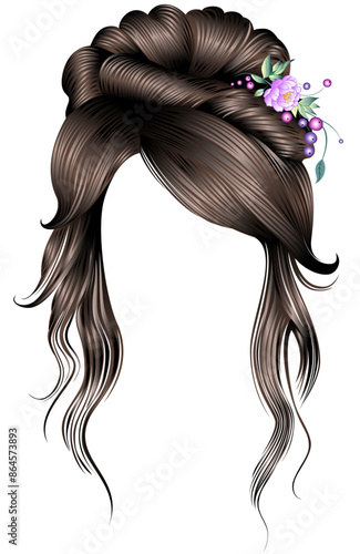 women's elegant curly hairs with flower decoration.brown brunette colors.
