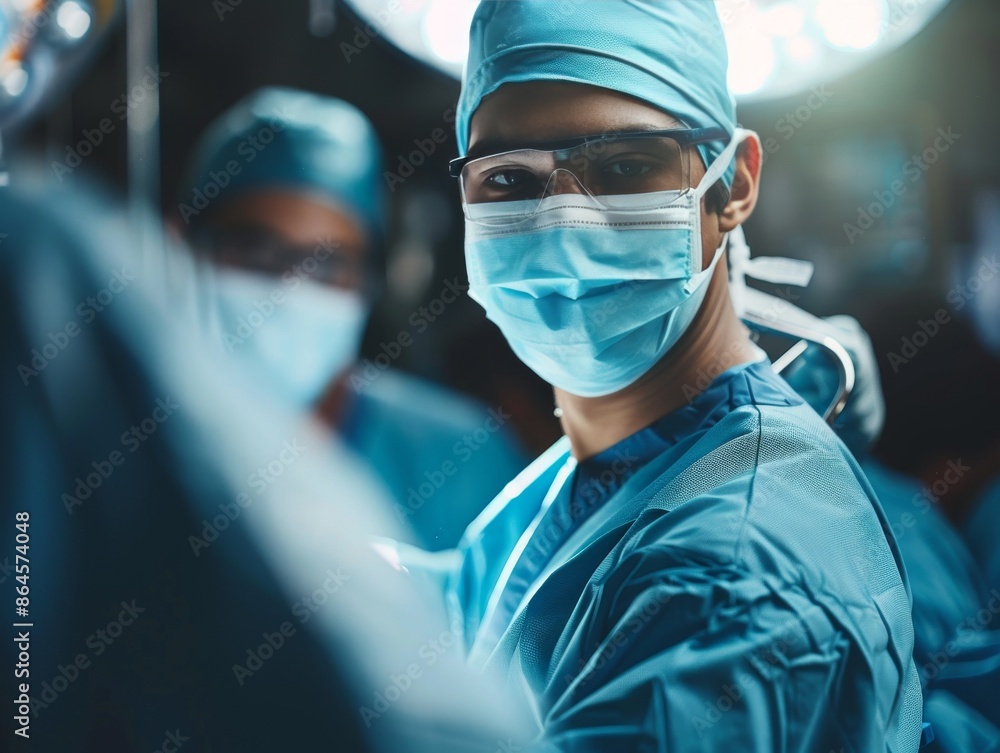 A portrait of a young male surgeon looking at the camera during operation in a surgery unit. A portrait of a young male surgeon looking at the camera during operation in a surgery unit.