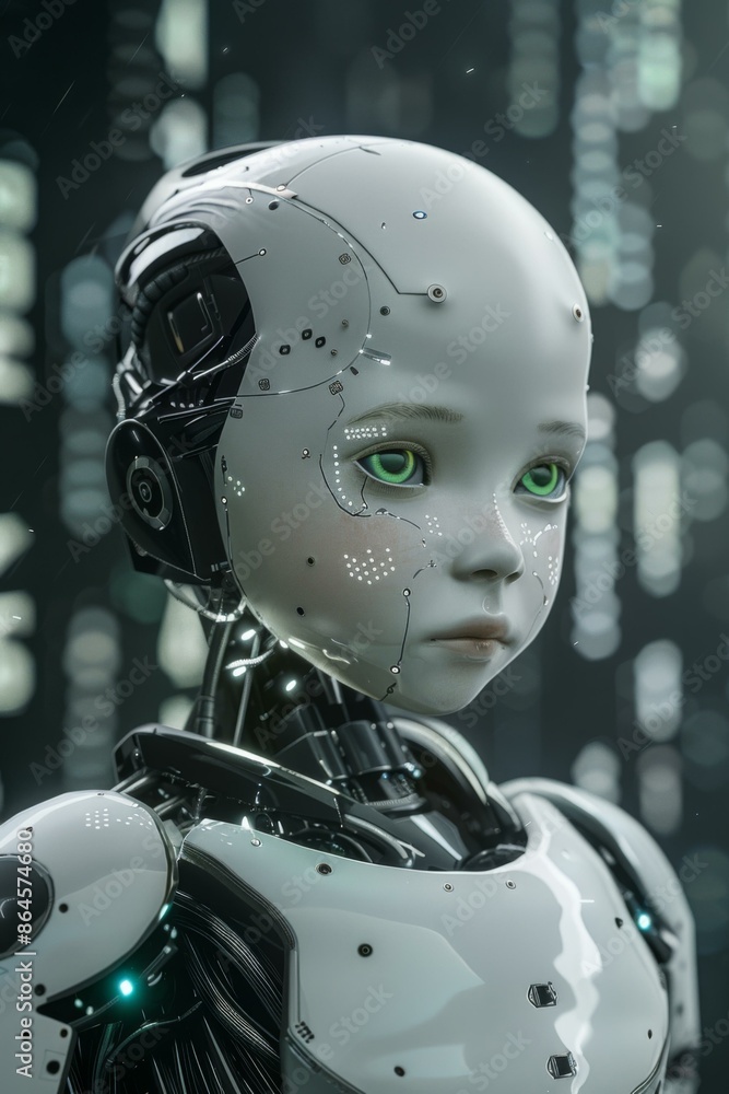 A robot with green eyes and a black suit standing in front of some lights. AI. A robot with green eyes and a black suit standing in front of some lights. AI.