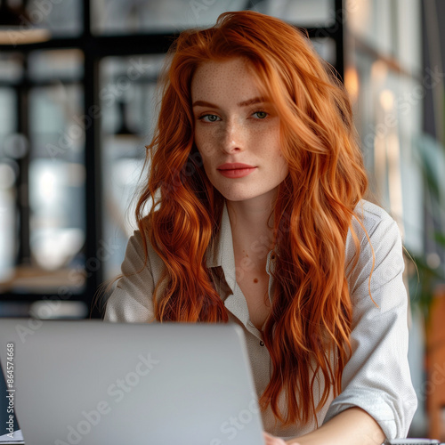 Professional female employee or a businesswoman using a laptop in a modern office photo