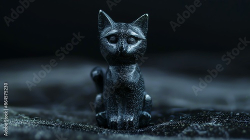 A beautiful black cat figurine sits on a dark surface. The figurine is made of a smooth material and has a shiny finish. photo