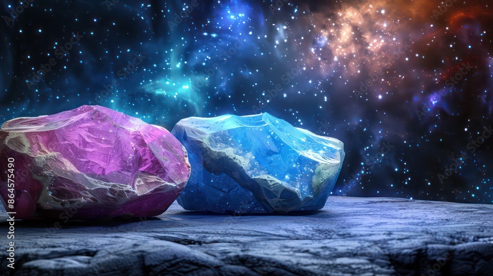Obraz premium Two luminous crystals on a cosmic background in space.