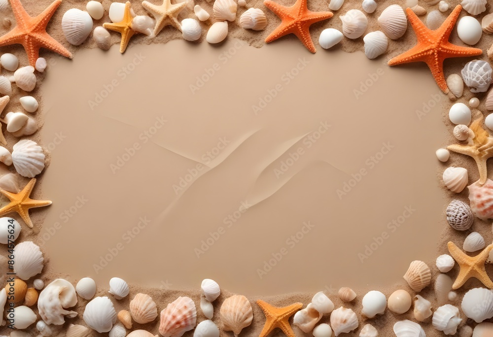 Starfish and shells framing over a sand beach background, free space in the middle Starfish and shells framing over a sand beach background, free space in the middle