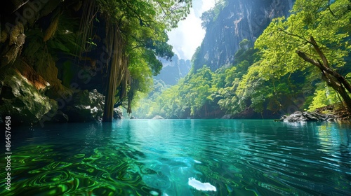 Pristine turquoise lagoon surrounded by lush green forest photo