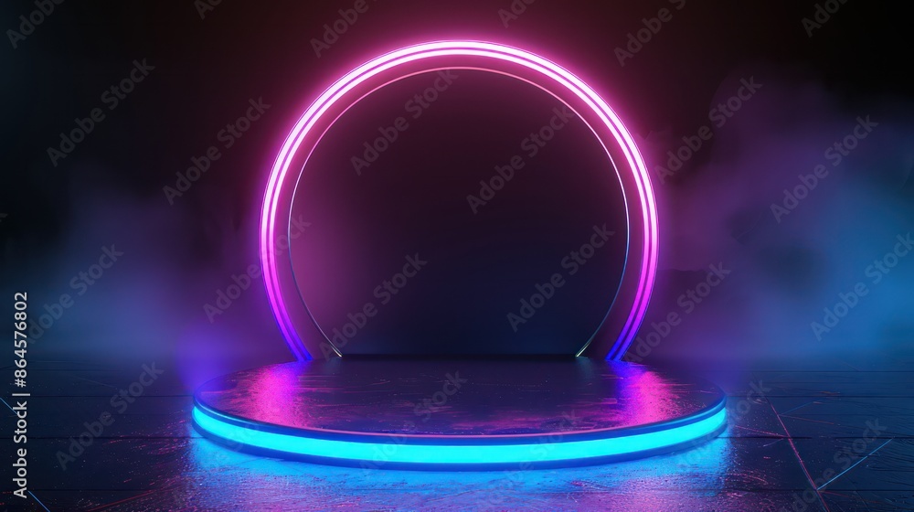 Neon circular platform with glowing pink and blue lights. Neon circular platform with glowing pink and blue lights.