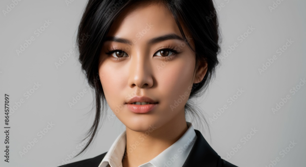 A young asian woman with a serious expression, wearing a black suit and white shirt, against a gray background. A young asian woman with a serious expression, wearing a black suit and white shirt, against a gray background.