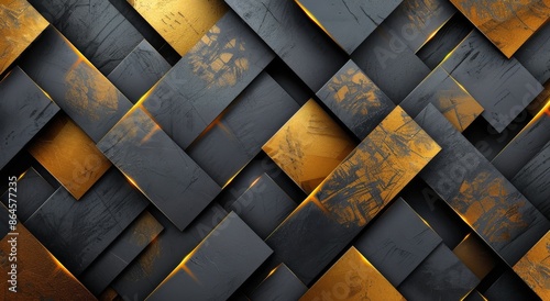 Abstract Geometric Pattern With Black And Gold Rectangles