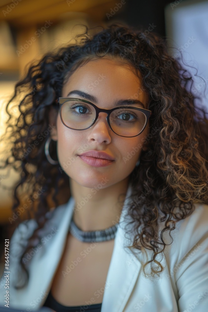 Woman with glasses looks directly Woman with glasses looks directly