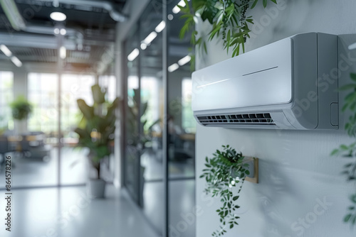 White air conditioner on wall in corridor of business office with plants and large windows. Electronic device implementing air purification, microclimate and climate control