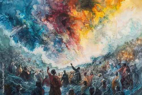 dramatic watercolor illustration of the exodus from egypt depicting a sea of people with belongings leaving under a turbulent sky with divine light