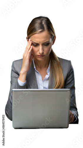 A woman suffering from a headache while working on a laptop with a transparent background