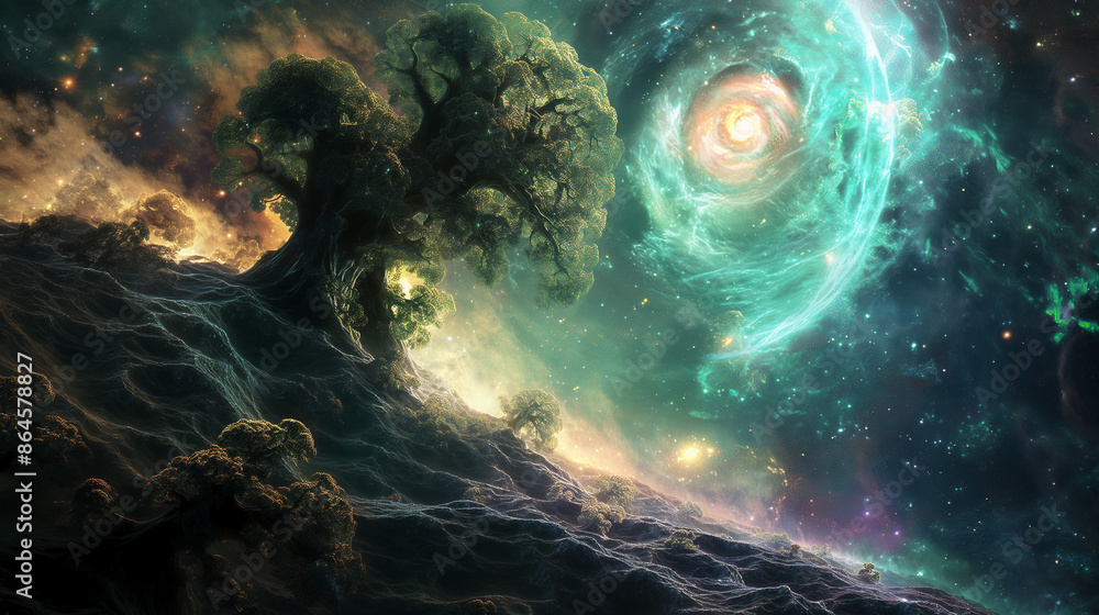 Cosmic landscape with a mystical tree and swirling vortex. Astral realm. 