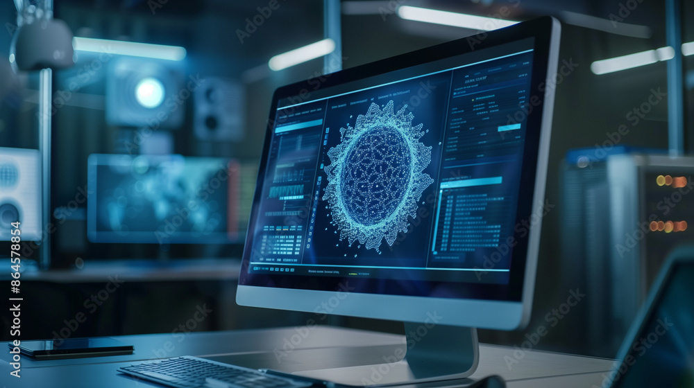 Fototapeta premium Close-up of a computer screen displaying an antivirus scan in progress