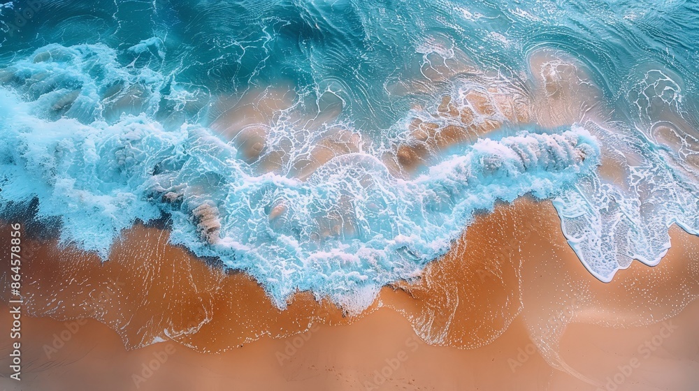 Fototapeta premium Aerial view of the sea breaking on a sandy beach