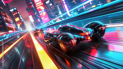 Futuristic car speeding through a neon-lit cityscape at night, with vibrant colors and sleek, high-tech design.