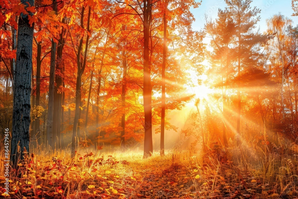 enchanted autumn forest with towering trees blazing orange leaves cascading golden sunlight filtering through branches creating a magical atmosphere enchanted autumn forest with towering trees blazing orange leaves cascading golden sunlight filtering through branches creating a magical atmosphere