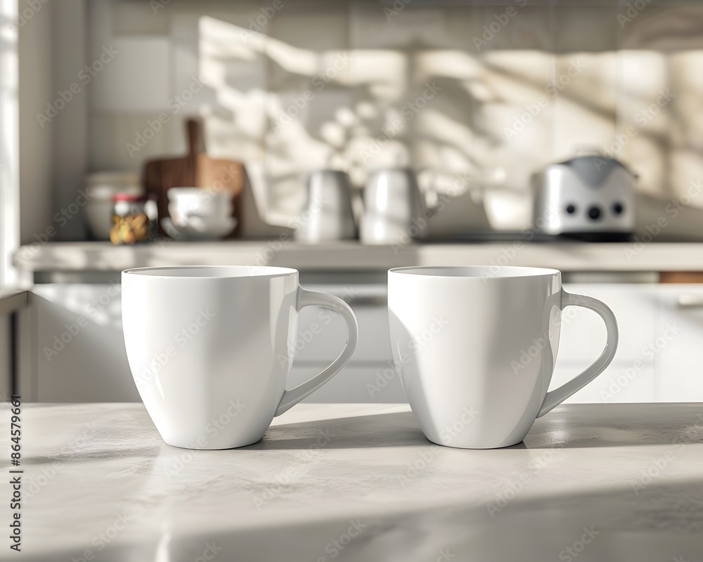 Two white coffee mugs on a marble kitchen counter with natural light. Minimalist kitchen design concept with clean lines and simple shapes. Two white coffee mugs on a marble kitchen counter with natural light. Minimalist kitchen design concept with clean lines and simple shapes.