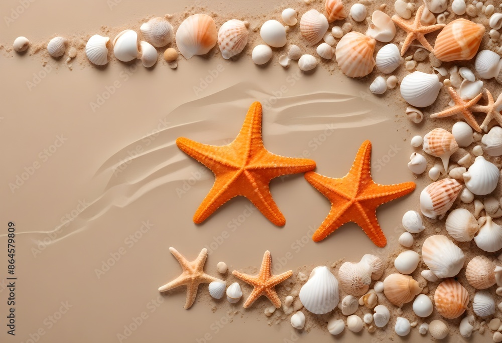 Starfish and shells framing over a sand beach background, free space in the middle Starfish and shells framing over a sand beach background, free space in the middle