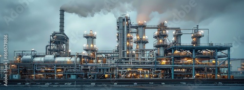 Industrial Refinery Complex at Sunset With Cloudy Sky