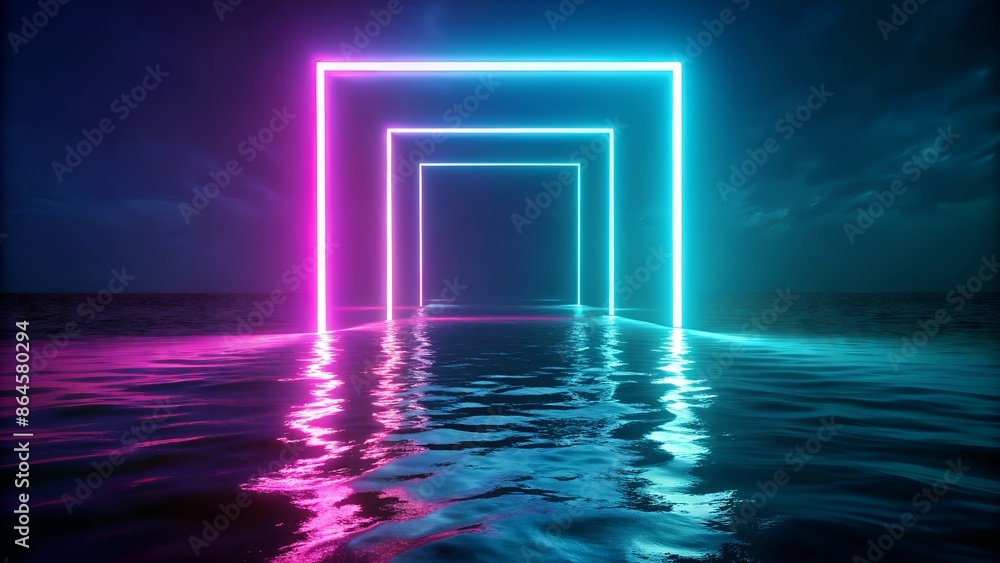 Neon light squares reflect on water, creating a mesmerizing atmosphere at night Neon light squares reflect on water, creating a mesmerizing atmosphere at night
