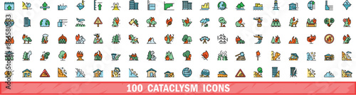 100 cataclysm icons set. Color line set of cataclysm vector icons thin line color flat on white