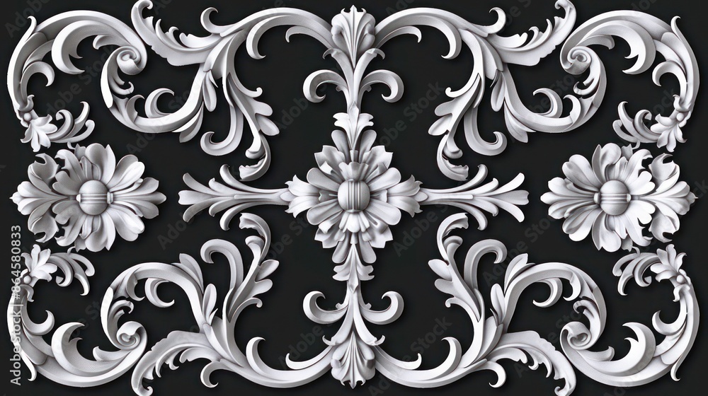 Elegant swirling floral design in grayscale on black background Elegant swirling floral design in grayscale on black background