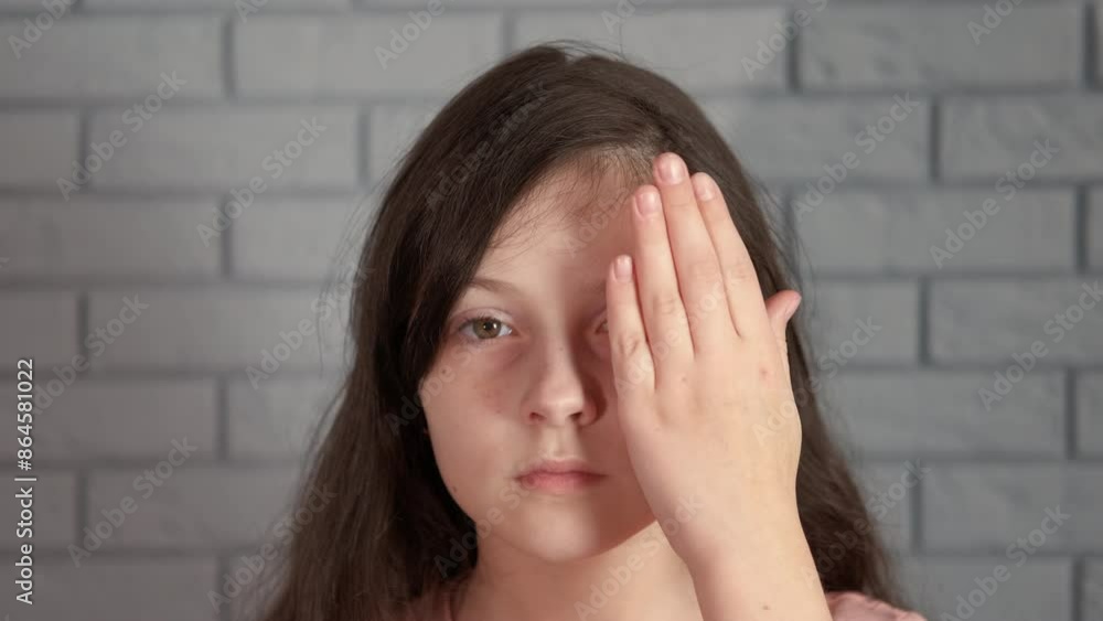 Child check eyesight with close eye. A view of little girl put her hand on one eyes. A concept of check vision during childhood. Child check eyesight with close eye. A view of little girl put her hand on one eyes. A concept of check vision during childhood.
