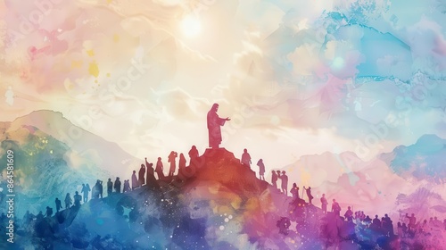 ethereal watercolor silhouette of jesus preaching on a mountaintop surrounded by a diverse crowd with soft pastel hues blending into the sky photo