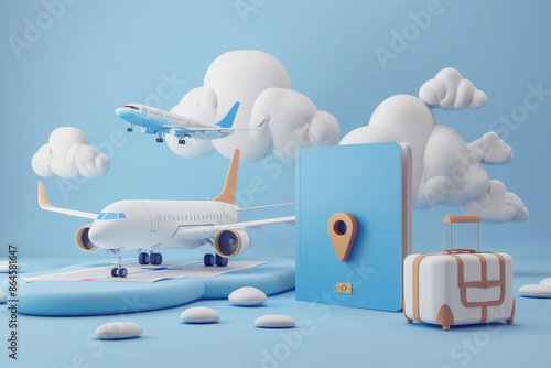 Airplane Taking Off With Luggage and Passport for Travel photo