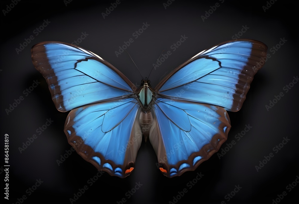 Fototapeta premium Blue and black morpho peleides species butterfly isolated macro on black dark background hd