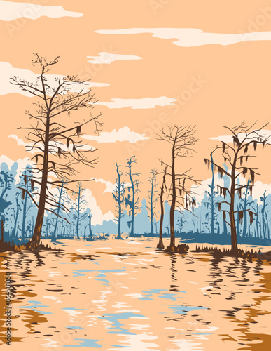 WPA poster art of wetlands in Barataria Preserve within Jean Lafitte National Historical Park, Louisiana USA done in works project administration or federal art project style.
