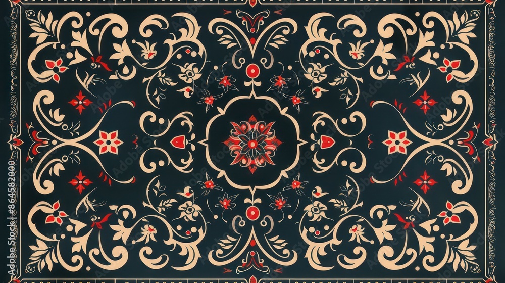 Ornate floral and geometric design with red accents Ornate floral and geometric design with red accents