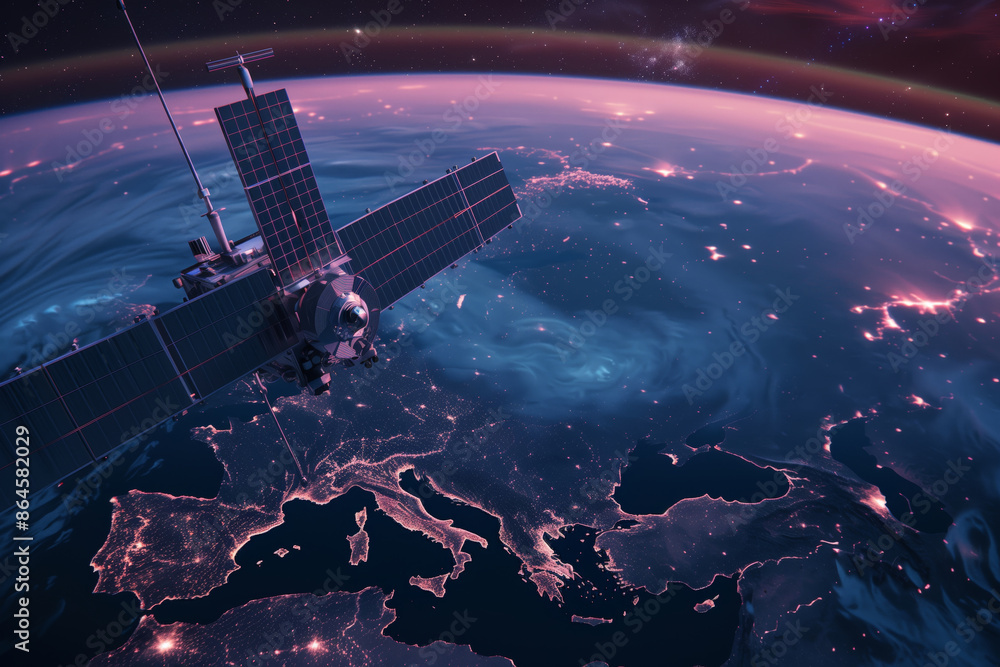 Satellite Orbiting Earth Over Europe At Night Satellite Orbiting Earth Over Europe At Night