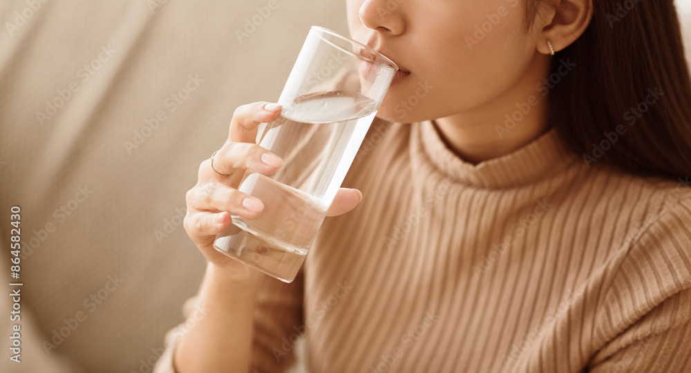 Healthy Liquid. Asian Girl Drinking Clean Water From Glass, Free Space Healthy Liquid. Asian Girl Drinking Clean Water From Glass, Free Space