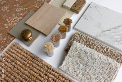 Bild auf Leinwand Interior Design Material Sample Board with Fabrics, Carrara Marble, Wood, and Wa