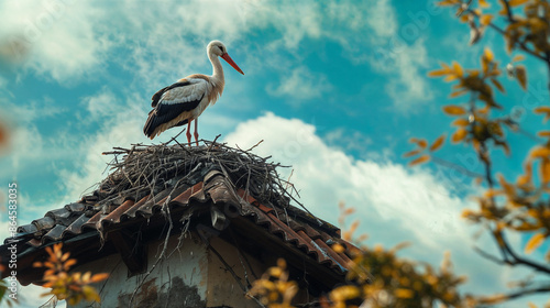 A white stork is standing in a nest on top of the roof of an old tower, blue sky