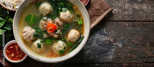 Stock soup with Baso Cuanki Bandung, meatballs, and Batagor is a famous West Javanese street food with a copy space image. photo