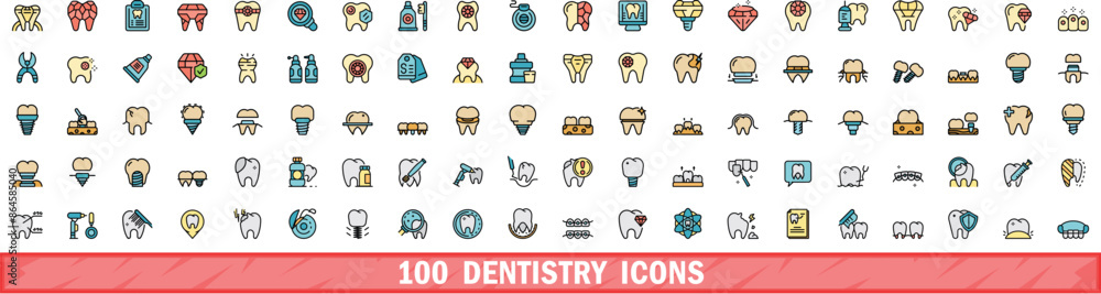 100 dentistry icons set. Color line set of dentistry vector icons thin line color flat on white 100 dentistry icons set. Color line set of dentistry vector icons thin line color flat on white