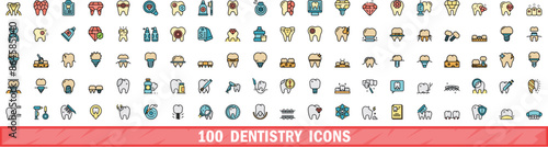 100 dentistry icons set. Color line set of dentistry vector icons thin line color flat on white