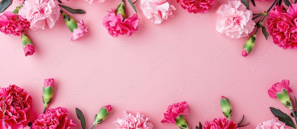 A top-down view showing a border of vibrant carnation flowers on a soft pink backdrop, featuring ample space for additional image content. A top-down view showing a border of vibrant carnation flowers on a soft pink backdrop, featuring ample space for additional image content.