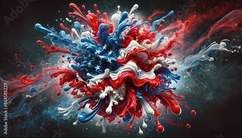 Abstract American flag explosion, USA patriotic theme, Independence Day celebration, red white and blue burst, flowing paint and stars, 2024 Summer Olympics