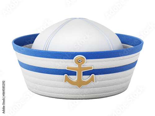Striped white and blue sailor hat isolated on  transparent background. 3D illustration