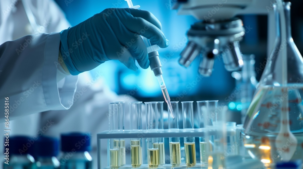 A medical researcher injects new medicine into a test tube, meticulously recording reactions for analysis. A medical researcher injects new medicine into a test tube, meticulously recording reactions for analysis.